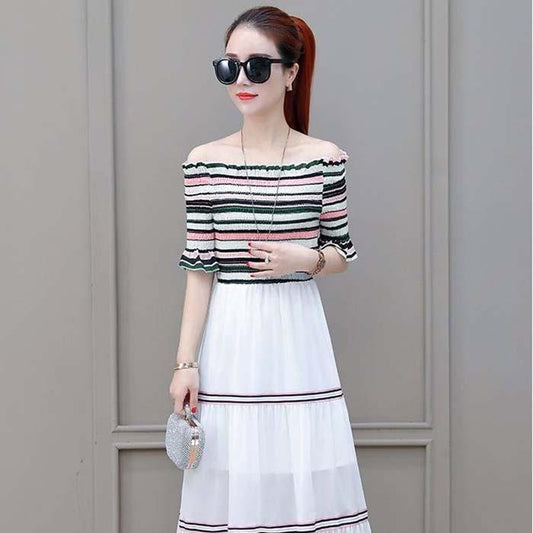 Pofulove S-2XL Women Vintage Off-shoulder A-line Dress Slim Single-neck Mid-length Dress Beach Dress
