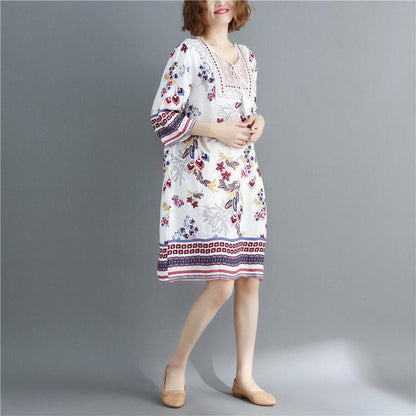Printing  M-XXXL Printed Round Neck Dress Women Loose Plus Size Summer Polyester Short-sleeved Knee-length A-line Dress