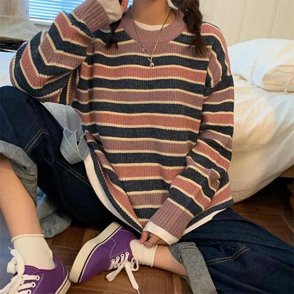 Autumn and Winter Retro Striped College Wind Round Neck Sweater Female Student Loose Mid-length Sweater Coat