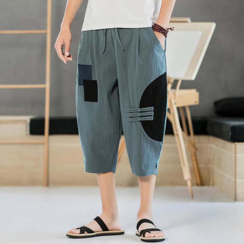 Men's Cropped Trousers Loose Cotton Linen Men's Trousers Summer Thin Casual Pants