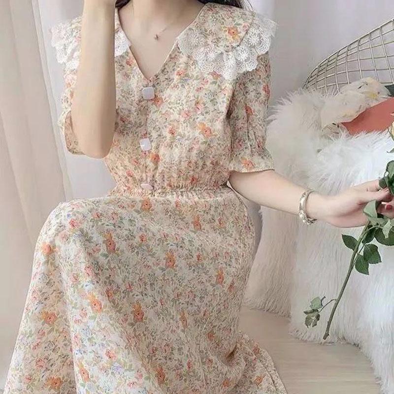 Women's Summer Sweet Short Sleeve Long Floral Dress Doll Collar Thin A-line Skirt