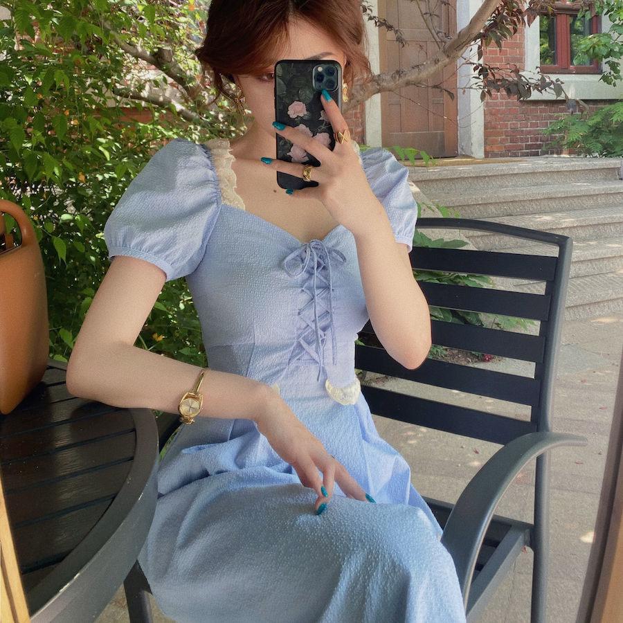 Female Simple Slim Elegant Shoulder Covering French Gentle Romantic Summer Solid Color Long Dress
