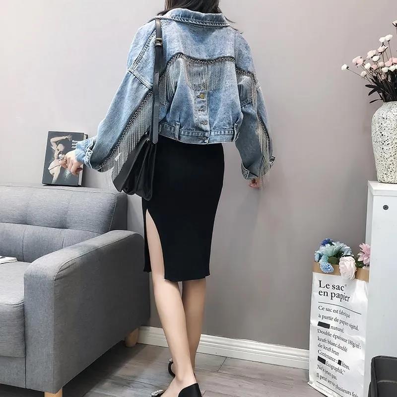 Tassel Denim Jacket Women's Spring and Autumn Split Loose Bat-sleeved Short Jacket Casual Loose Long-sleeved Regular Style