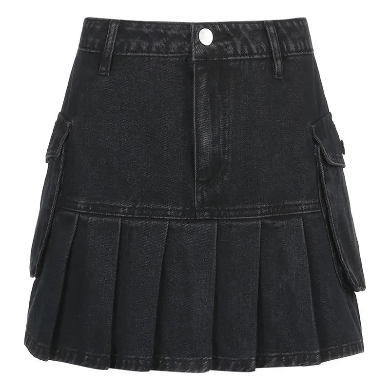 High Waist Versatile Ultra Short A-Line Skirt Spring Retro Denim Pleated Skirt