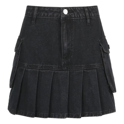 High Waist Versatile Ultra Short A-Line Skirt Spring Retro Denim Pleated Skirt