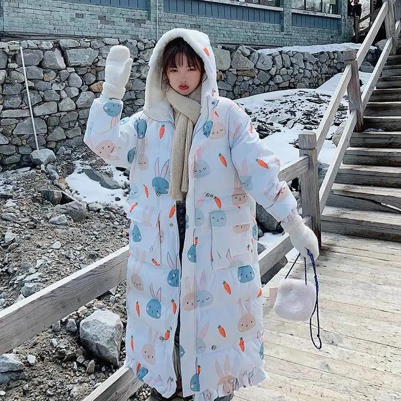 Cute Rabbit Ears Down Padded Jacket Women's Mid-length Thick Fishtail Padded Jacket Korean Style Loose