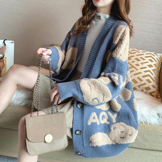 Autumn and Winter Casual Loose Sweater Ins Style Knitted Cardigan Top Fashion Simple Female Jacket