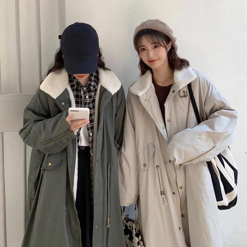 Ladies Lamb Wool Tooling Jacket Hong Kong Style Loose Quilted Jacket Over The Knee Loose Parkas
