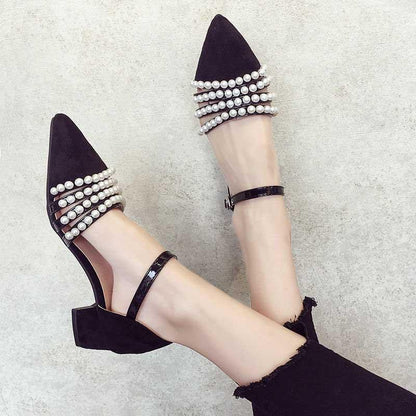 Plus Size 35-39 Summer Women Bohemian Prom High Heels Wear-resistant Non-slip Office Lady Sandals Pearl Shoes
