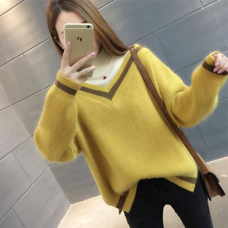 Pofulove Autumn Winter Half Turtleneck College Style Pullover Sweater Fake Two Sweaters Women Loose