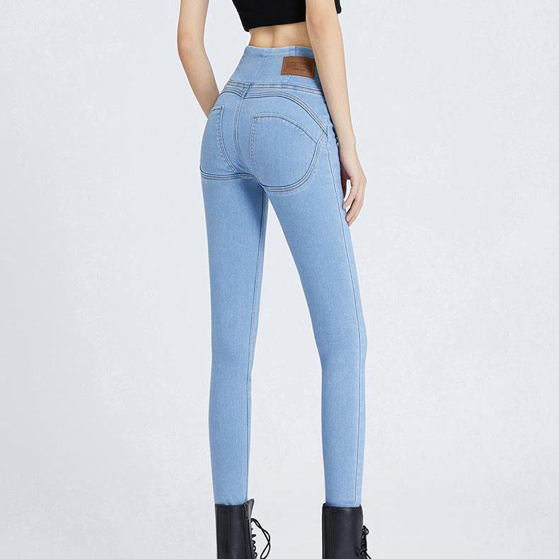 Women Winter and Autumn Large Size Streetwear Long Jeans Slim Solid Color High Waist Elastic Casual Pencil Jeans