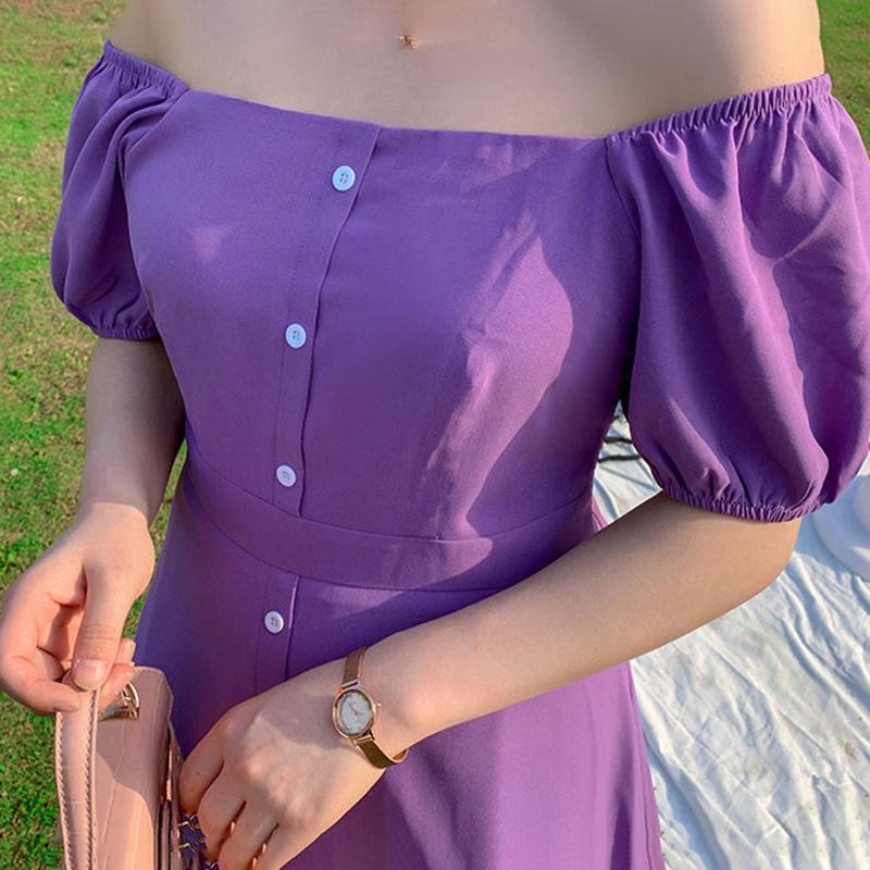 Super Loose Dress Women's Rectangular Neckline Bubble Short-sleeved Mid-length Waist Slimming Loose Version Dress Women's Loose Casual Sweet Dress