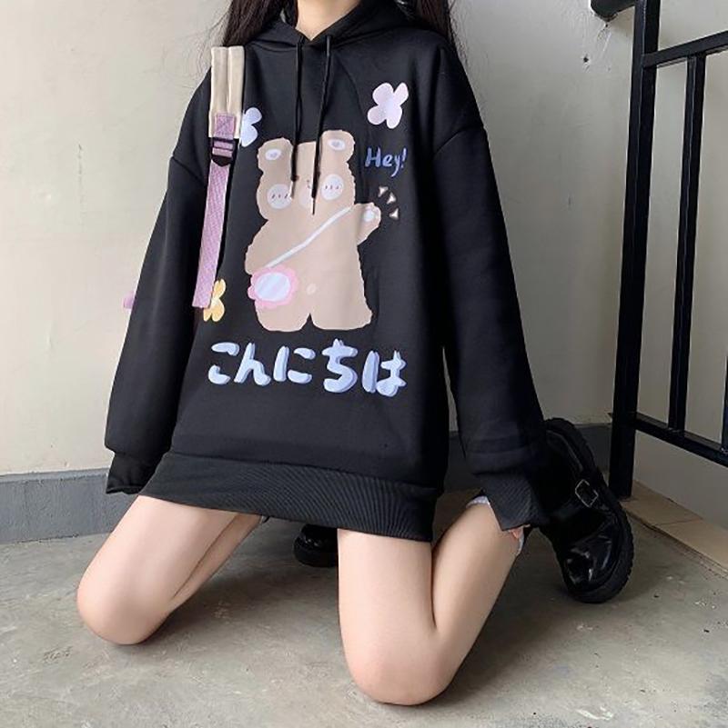 Anime Sweatshirt Japan Cartoon Hooded Tops Oversized Streetwear Harajuku White Long Pullovers Hoodies Plus Size Loose Thick Fleece Fall Winter Hoodies