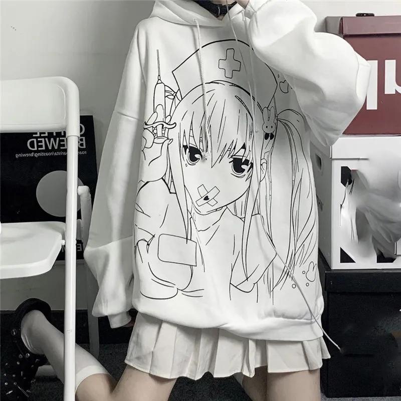 Women Hoodies Anime Sweatshirt White Hooded Oversized Tracksuit Autumn Winter Hooded Sport Shirts