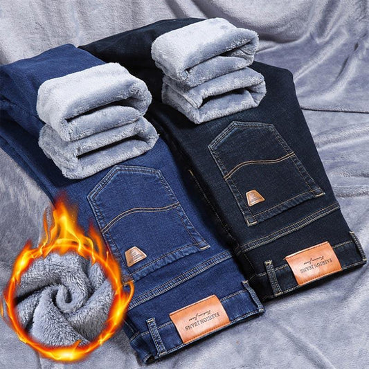 Winter Men's Warm Jeans Fleece Black Blue Jeans Business Casual Warm Thick Stretch Denim Trousers Men's Brand Pants