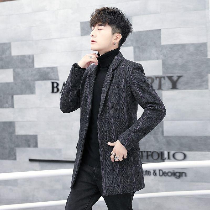 2021 Autumn and Winter Men's Windbreaker Mid-length Plaid Jacket Young and Middle-aged Men's Casual Jacket