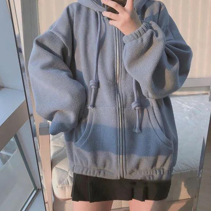 Women's Large Size Zipper Plush Hooded Sweater Autumn and Winter Loose Blue Top Girl's Casual Versatile Street Warm Coat