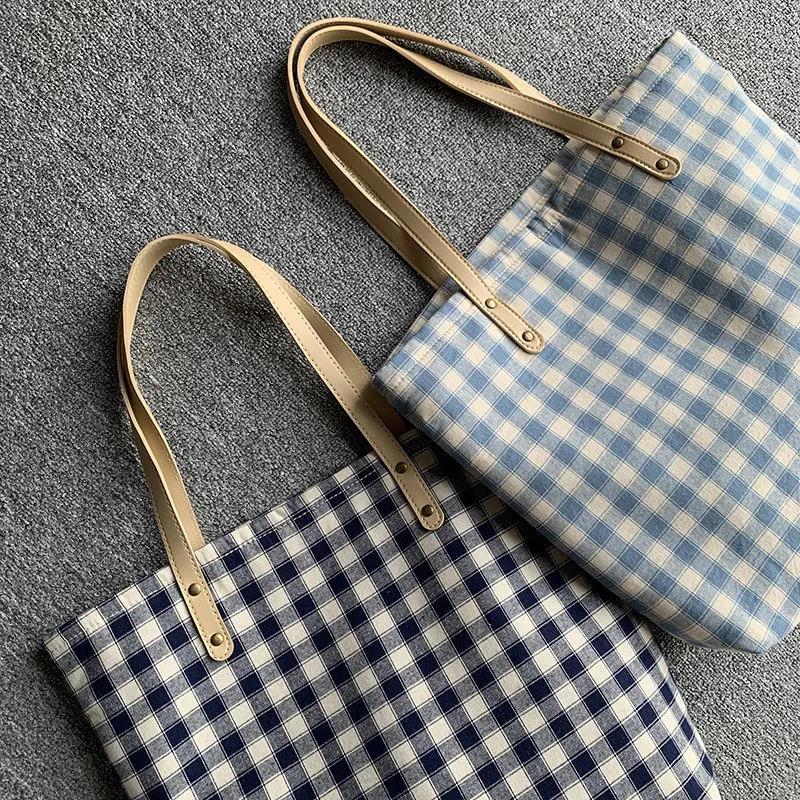 Large-capacity Plaid Bag Women Canvas Bags Travel Casual Shoulder Handbag Simple Hobo Bags