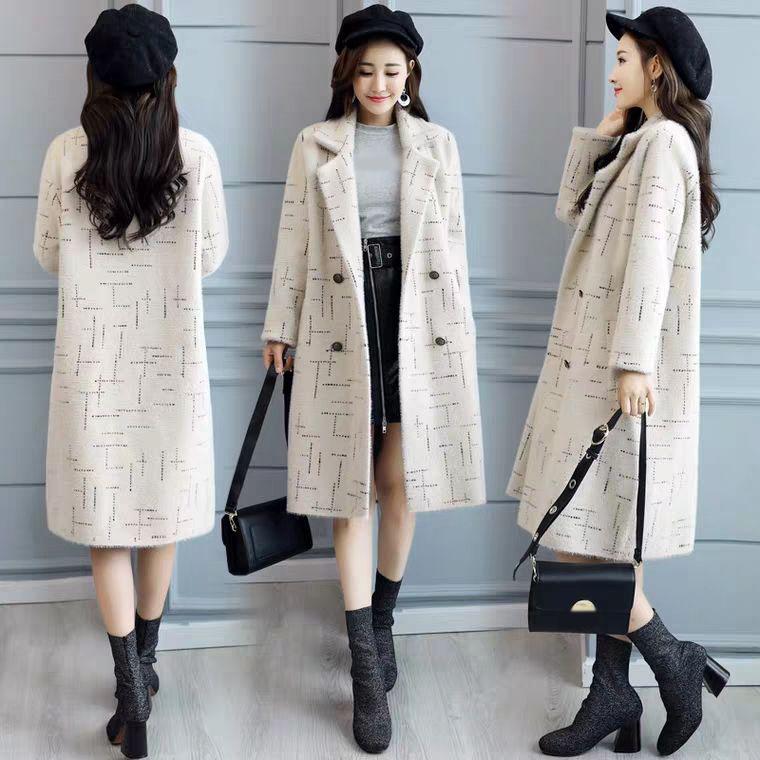 Women's Elegant Mink Fleece Loose Tweed Medium Long Slim Large Striped Tweed Coat