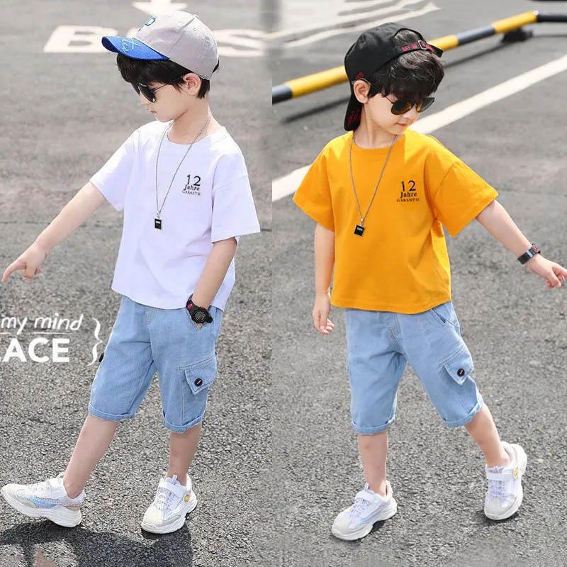 Boys' Summer Suits Solid Color Printing Loose and Breathable Casual Short-sleeved Five-point Jeans Children's Handsome Two-piece Suit