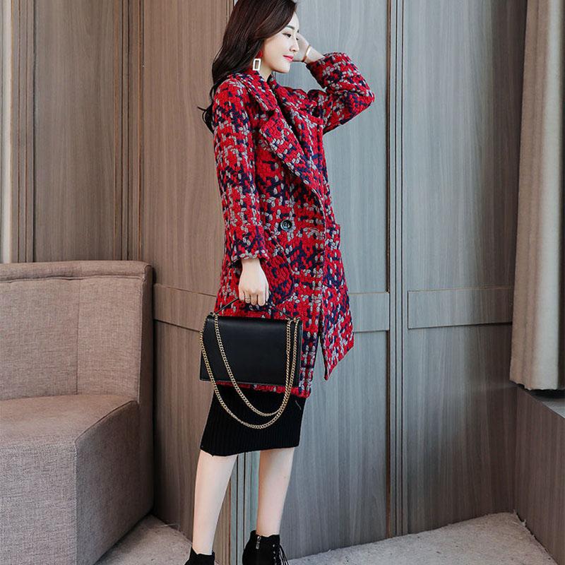 Vintage  Houndstooth Coat Ladies Plaid Imitation  Woolen Coat Long Slim and Thick Trench Coat Plus Size Tweed Jacket