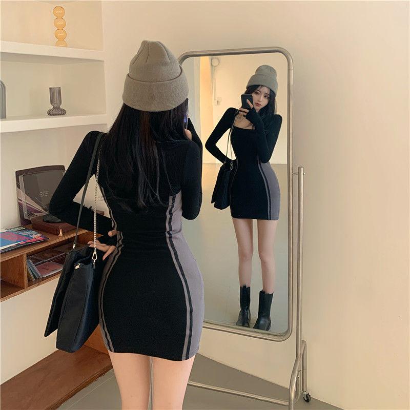 Spring Long-sleeved Dress Contrast Color Stitching Square Neck Dress Is Thinner Buttocks Skirt with Bottoming Skirt Female