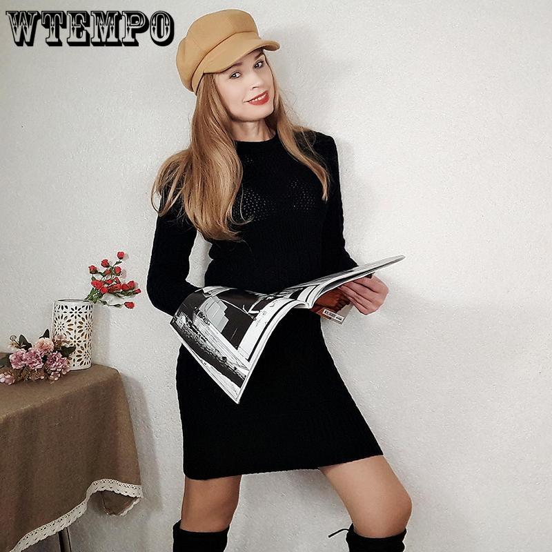 Women Solid Color Sweater Autumn Winter Sweater Dress Long Sleeve Knitted Dress