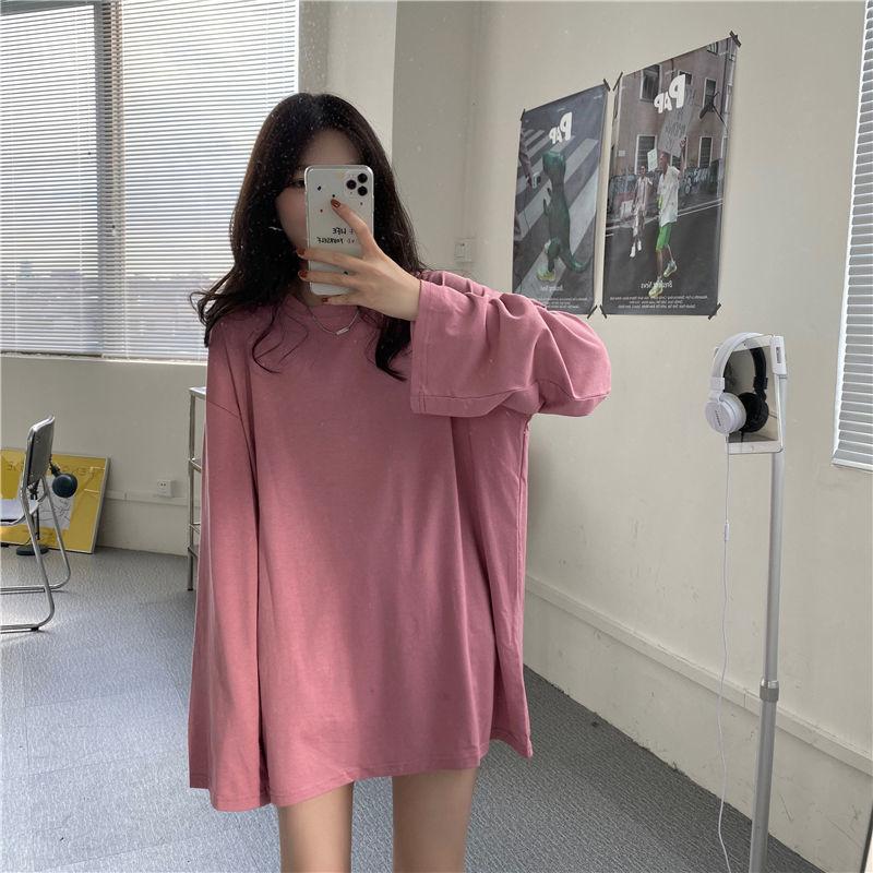 Summer Fall Women's T-Shirt Solid Color Basic Tee Round Neck Long Sleeve Tshirts Couple Women Man Casual Pullover