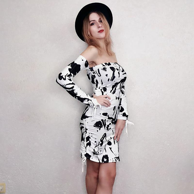 Women Sexy Off-shoulder Dress Long-sleeved  Summer High Waist A-line Dress Sexy Bodycon Dress