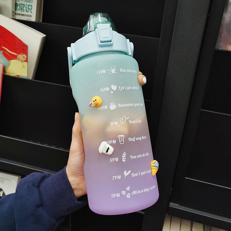 2L Large-capacity Water Bottle with Bounce Lid Timeline Reminder Leak-proof Frosted Cup for Outdoor Sports and Fitness
