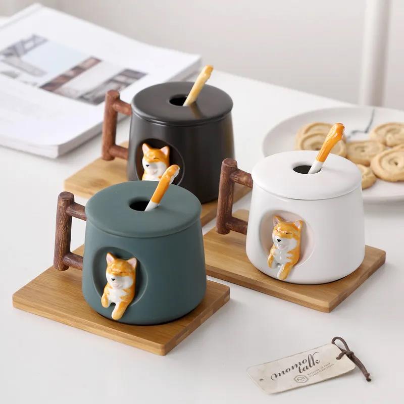 Creative Ceramic Personality Cute Mug with Lid Spoon Household Couple Men and Women Coffee Cup Shiba Inu Cup Gift