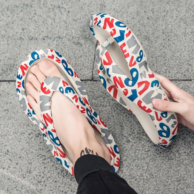 Spring Summer Large Size Soft Printed Couple Slippers Women's and Men's Color Matching Soft Sole Flat Beach Flip Flops