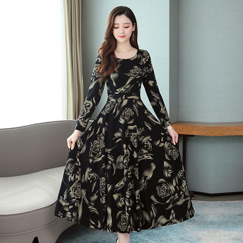 Women's Plus Size Long Floral Skirt Spring and Autumn Women's Round Neck Printed Slim Dress