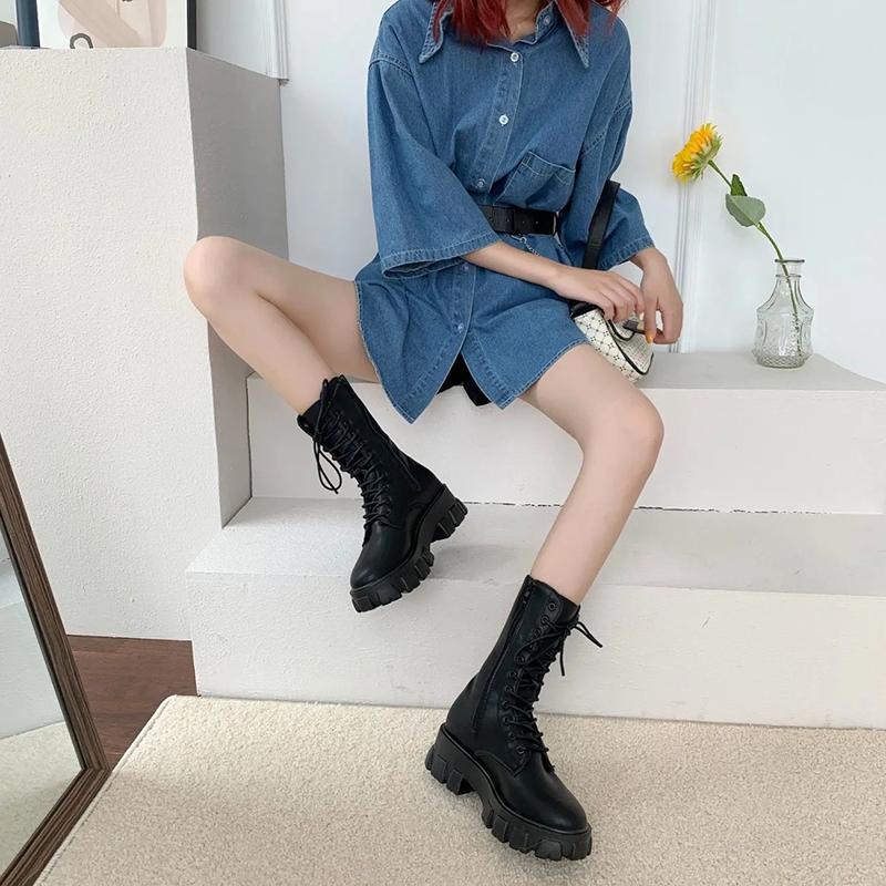 Platform Boots Women Shoes White Black PU Leather Booties Warm Ankle Boots Lace Up Combat Boots Flat Punk Goth Winter Autumn