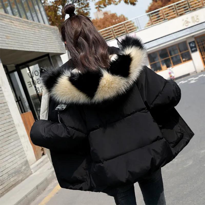 Women's Solid Color Down Jacket Regular Korean Loose Thick Coat Warm Cotton Coat Big Fur Collar Winter Clothes Quilted Coat