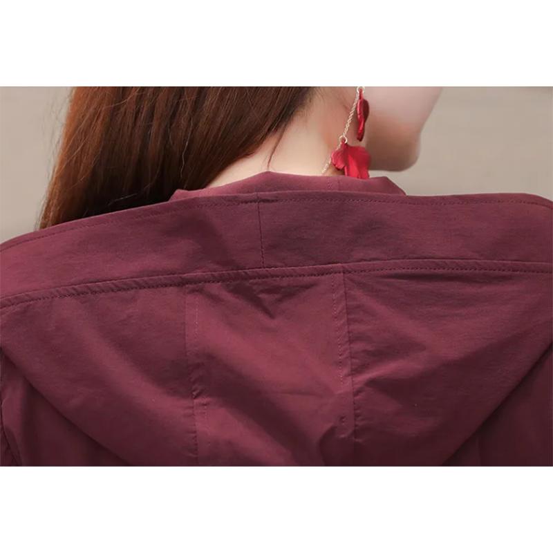Women's Mid-length Hooded Windbreaker Solid Color Elastic Waist Thinner Hooded Jacket Korean Style Large Size Loose Jacket Drawstring Zipper Jacket