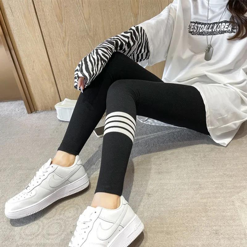 Pants Leg Printing Winter Plus Velvet Thick Vertical Stripes Leggings Women's Outer Wear Trousers Plus Size Tight-fitting Stretch High-waist Pants