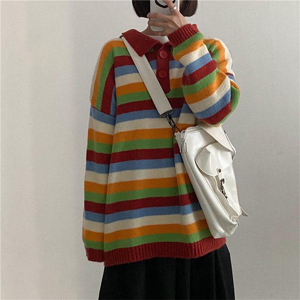 Autumn and Winter College Style Color Stripes Student Loose Mid-length Coat Sweater Women