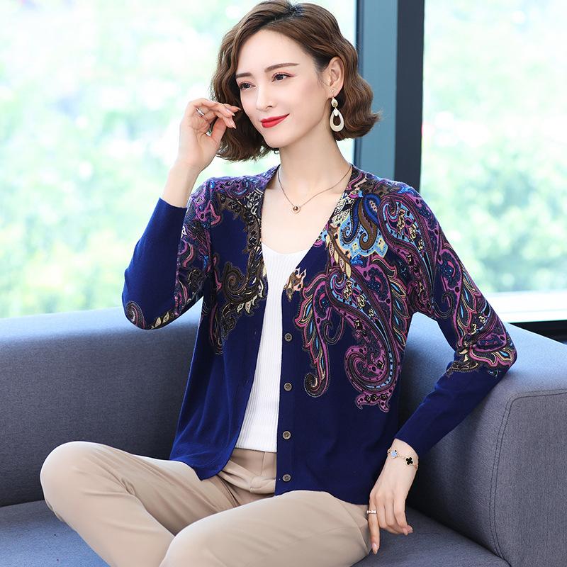 Autumn Winter Women's Knitted Cardigan Sweater V-neck Printing  Sweater Coat