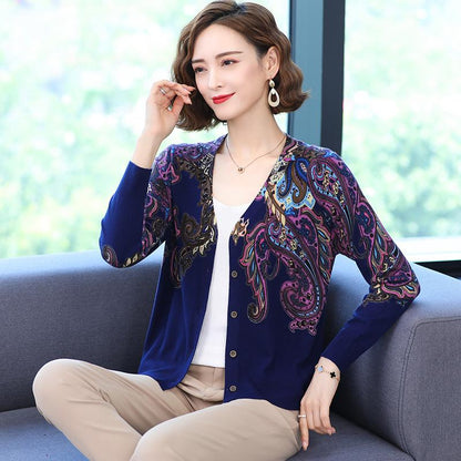 Autumn Winter Women's Knitted Cardigan Sweater V-neck Printing  Sweater Coat