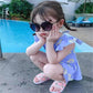 Baby Girls Swimwear Backless Cute Flower Printed One-Piece Swimsuit Summer Kids Lotus Leaf Sleeve Pleated Skirt Beachsuit