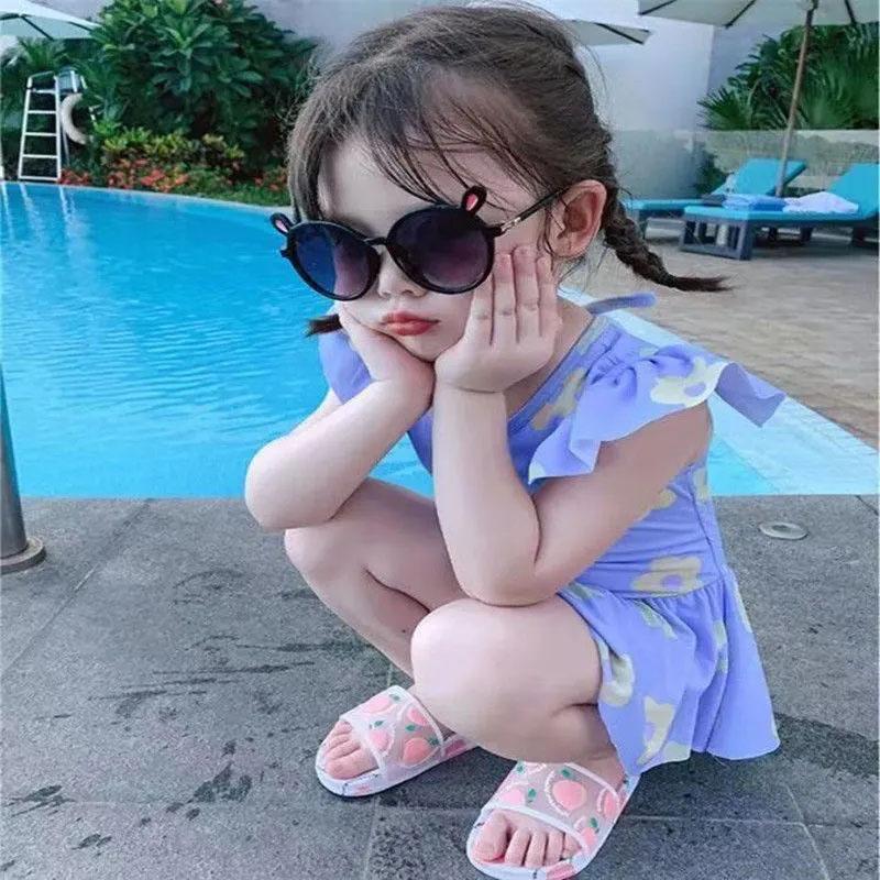 Baby Girls Swimwear Backless Cute Flower Printed One-Piece Swimsuit Summer Kids Lotus Leaf Sleeve Pleated Skirt Beachsuit