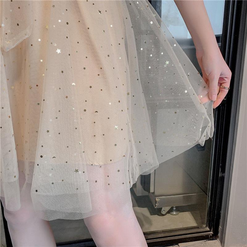 Sexy Sweet Woman A-line Skirts V-neck Veil Decorative Stars Shiny and Beautiful Folds Ruffle Bow Dress Bar Wedding Party