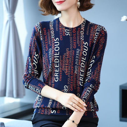 Autumn and winter ladies fur round neck bottoming shirt fashion printing shirt sweater
