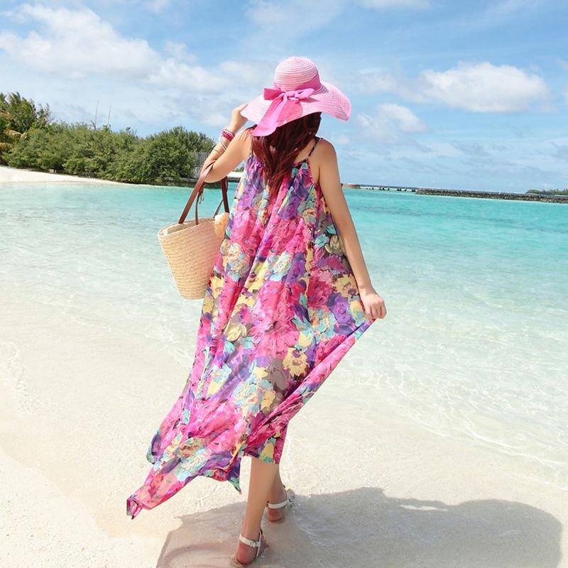 Women Summer Vintage Beach Seaside Holiday Dress Loose Long Chiffon Floral Printed Suspender Dress