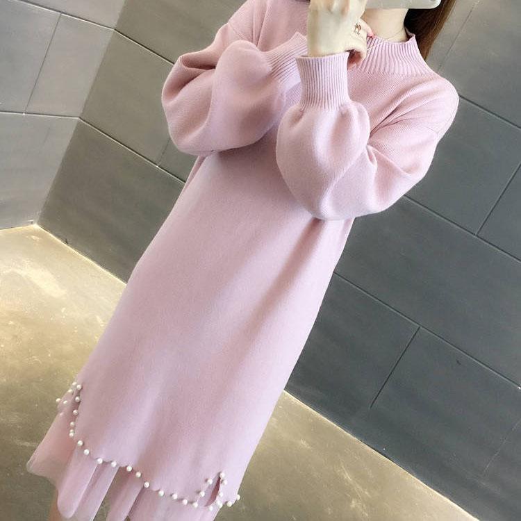 Women's Autumn and Winter Mid-length Half High Collar Pearl Two-piece Sweater Solid Color Mesh Splicing Belt Knitted Dress