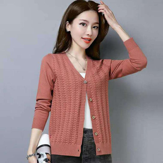 Spring and Autumn Thin Knit Sweater Cardigan Short V-neck Top Long Sleeve Outer Female Jacket