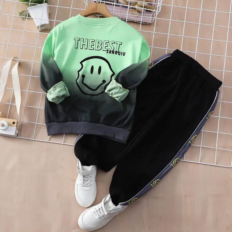 Boys Spring and Autumn Sports Set Long-sleeved Pullover Round Neck Smiley Pattern Printing Gradient Color Sweater Trousers Two-piece Set