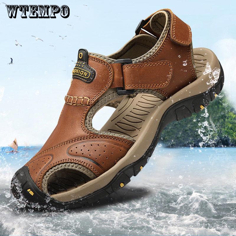 Men's Sandals Leather Breathable Closed-Toe Sandal Summer Beach Shoes Outdoor Shoes