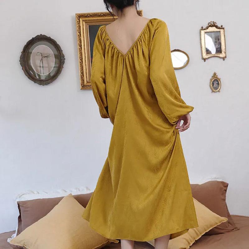 Women's Autumn Nightdress Ice Silk Backless Comfortable High Quality Pajamas Sexy Deep V Homewear Out Wear Loose Solid Color Printing Nightdress